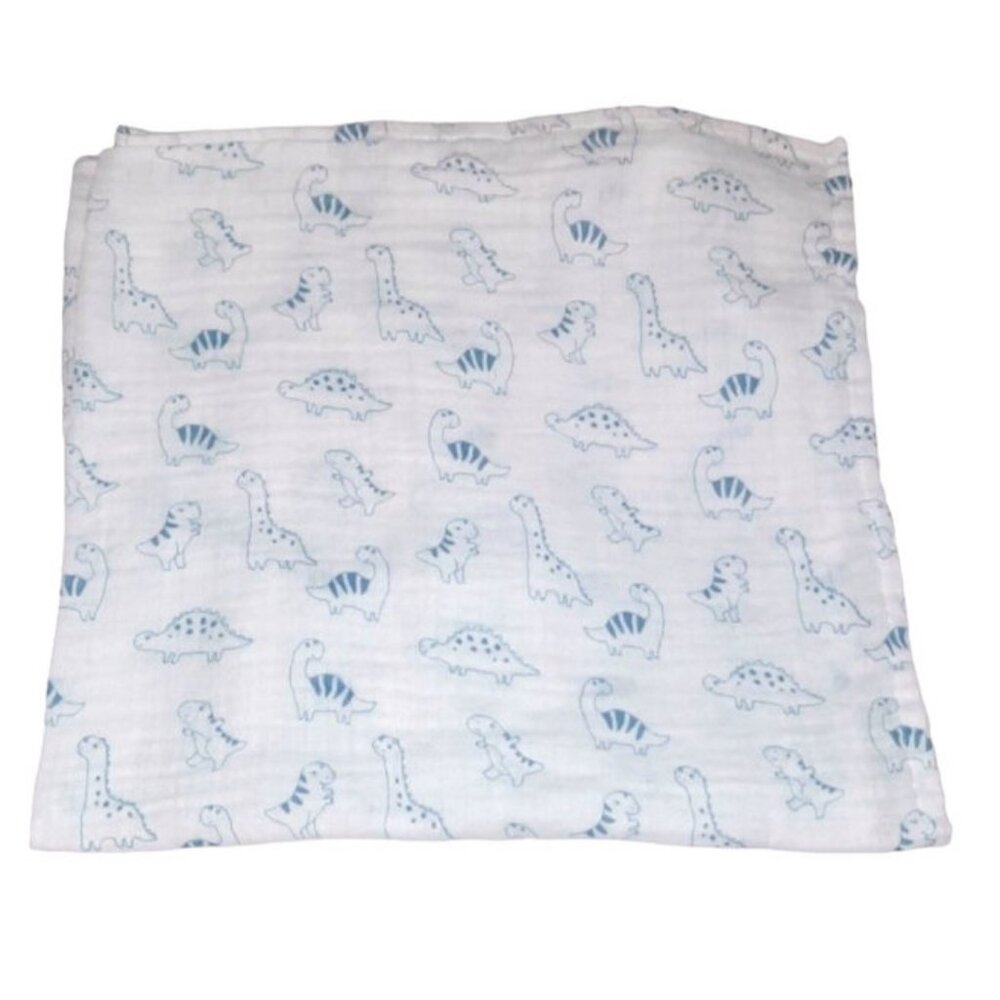 H&M Blue Dinosaur Baby White Muslin Security Blanket Lovey 25" X 23"